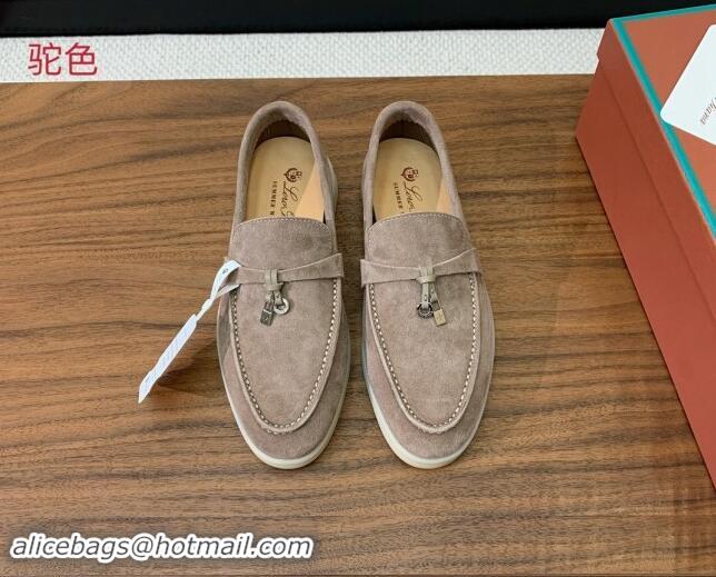 Good Quality Loro Piana Suede Flat Loafers with Charm Camel 812102