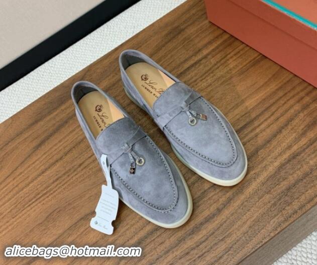 Grade Quality Loro Piana Suede Flat Loafers with Charm Dark Grey 812104