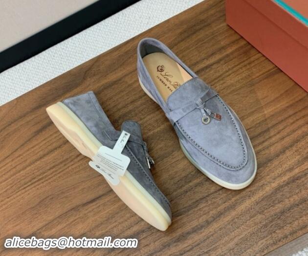 Grade Quality Loro Piana Suede Flat Loafers with Charm Dark Grey 812104