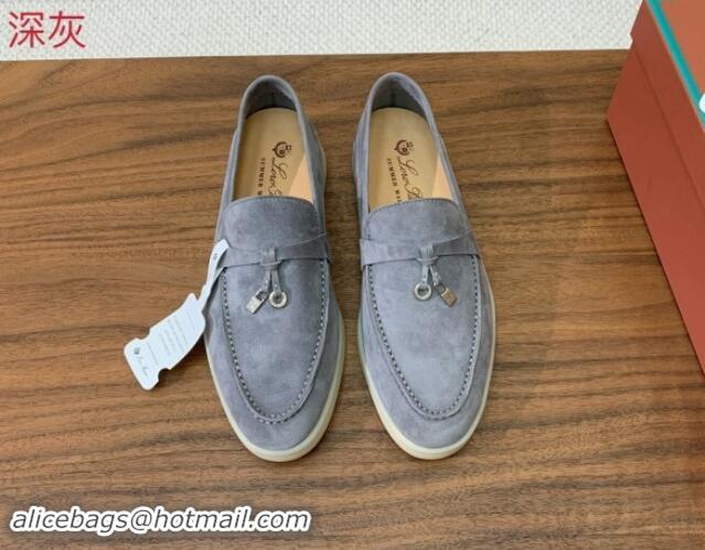 Grade Quality Loro Piana Suede Flat Loafers with Charm Dark Grey 812104