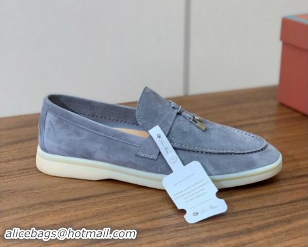 Grade Quality Loro Piana Suede Flat Loafers with Charm Dark Grey 812104