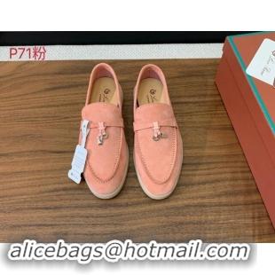 Pretty Style Loro Piana Suede Flat Loafers with Charm P71Pink 812105