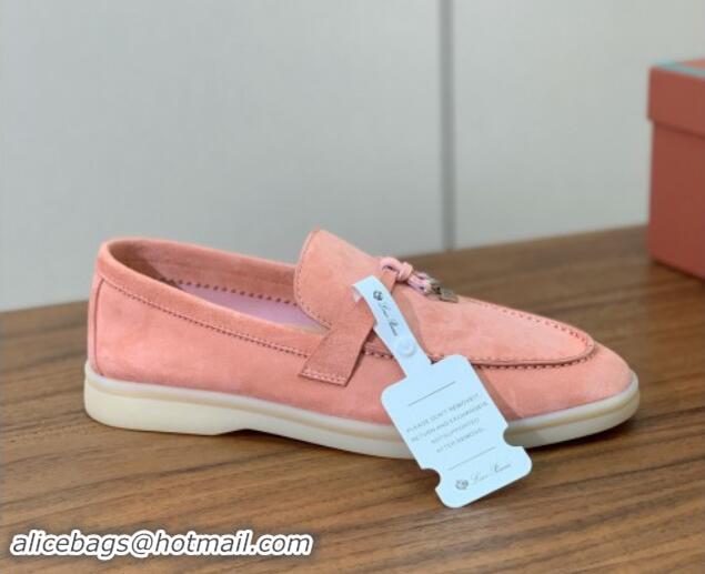 Pretty Style Loro Piana Suede Flat Loafers with Charm P71Pink 812105