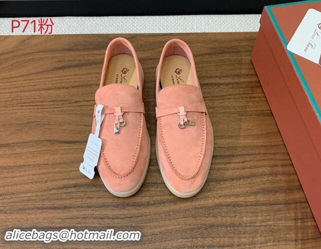 Pretty Style Loro Piana Suede Flat Loafers with Charm P71Pink 812105