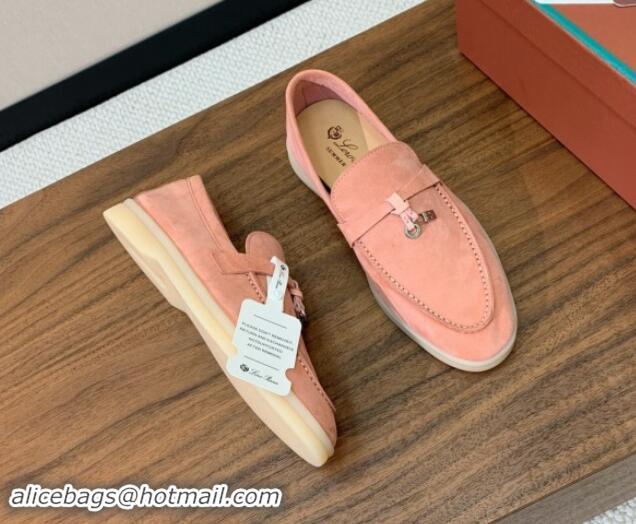 Pretty Style Loro Piana Suede Flat Loafers with Charm P71Pink 812105