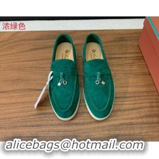 Top Design Loro Piana Suede Flat Loafers with Charm Deep Green 812106