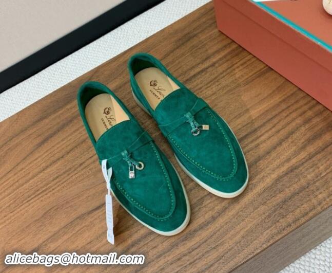 Top Design Loro Piana Suede Flat Loafers with Charm Deep Green 812106