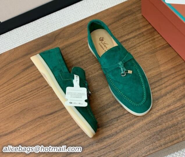 Top Design Loro Piana Suede Flat Loafers with Charm Deep Green 812106