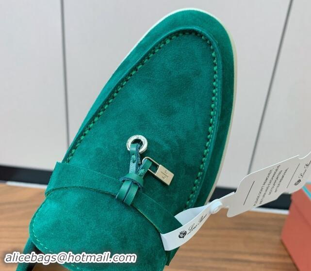 Top Design Loro Piana Suede Flat Loafers with Charm Deep Green 812106