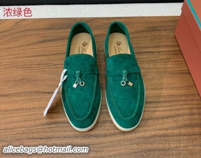 Top Design Loro Piana Suede Flat Loafers with Charm Deep Green 812106