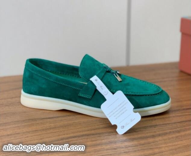 Top Design Loro Piana Suede Flat Loafers with Charm Deep Green 812106