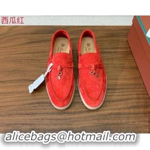 Shop Duplicate Loro Piana Suede Flat Loafers with Charm Watermelon Red 812107