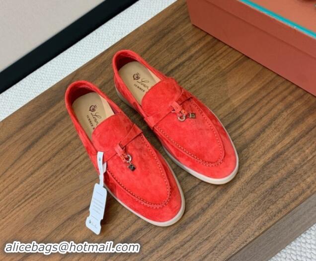 Shop Duplicate Loro Piana Suede Flat Loafers with Charm Watermelon Red 812107