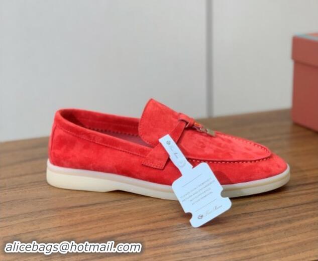 Shop Duplicate Loro Piana Suede Flat Loafers with Charm Watermelon Red 812107