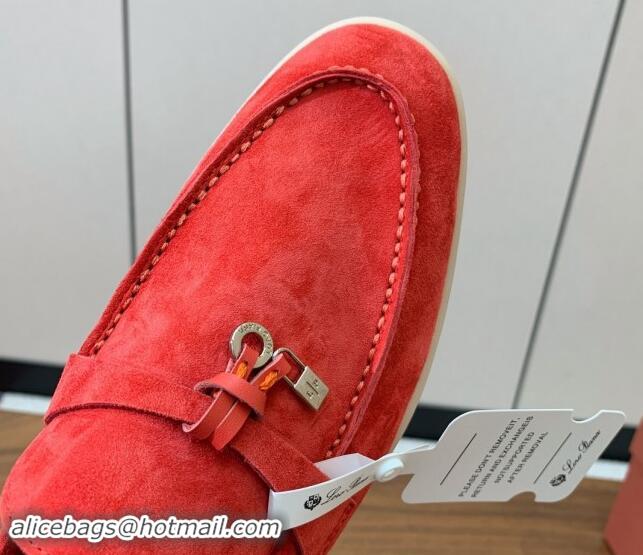 Shop Duplicate Loro Piana Suede Flat Loafers with Charm Watermelon Red 812107