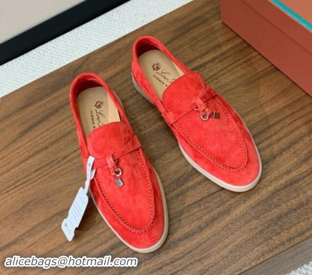 Shop Duplicate Loro Piana Suede Flat Loafers with Charm Watermelon Red 812107