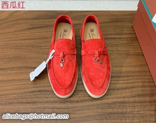 Shop Duplicate Loro Piana Suede Flat Loafers with Charm Watermelon Red 812107