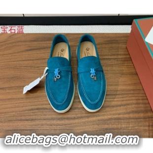 Top Grade Loro Piana Suede Flat Loafers with Charm Stone Blue 812108