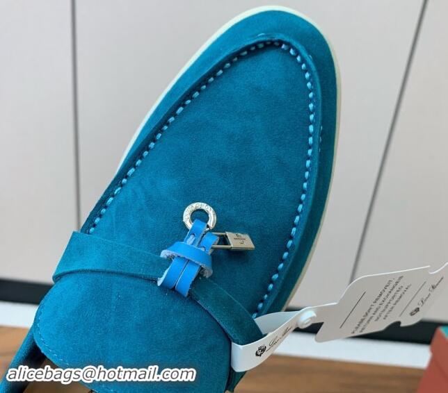 Top Grade Loro Piana Suede Flat Loafers with Charm Stone Blue 812108