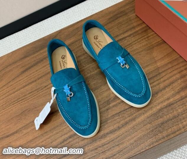 Top Grade Loro Piana Suede Flat Loafers with Charm Stone Blue 812108