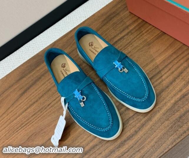 Top Grade Loro Piana Suede Flat Loafers with Charm Stone Blue 812108