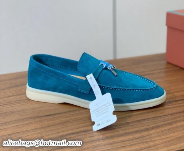 Top Grade Loro Piana Suede Flat Loafers with Charm Stone Blue 812108