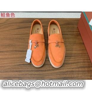 Popular Style Loro Piana Suede Flat Loafers with Charm Light Orange 812109