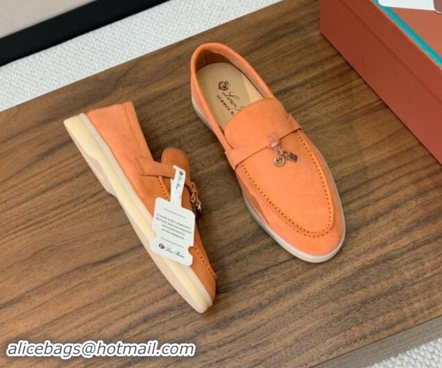 Popular Style Loro Piana Suede Flat Loafers with Charm Light Orange 812109