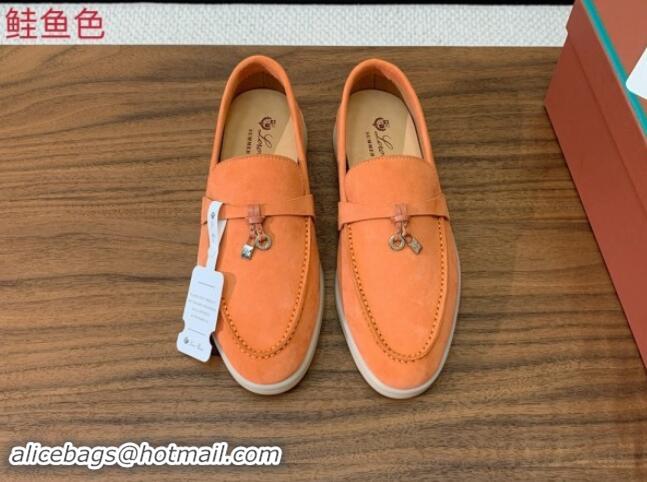 Popular Style Loro Piana Suede Flat Loafers with Charm Light Orange 812109