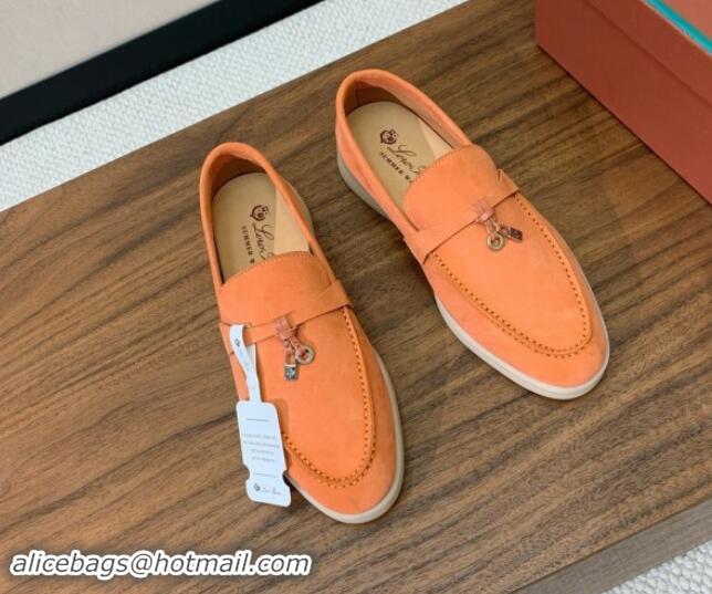 Popular Style Loro Piana Suede Flat Loafers with Charm Light Orange 812109