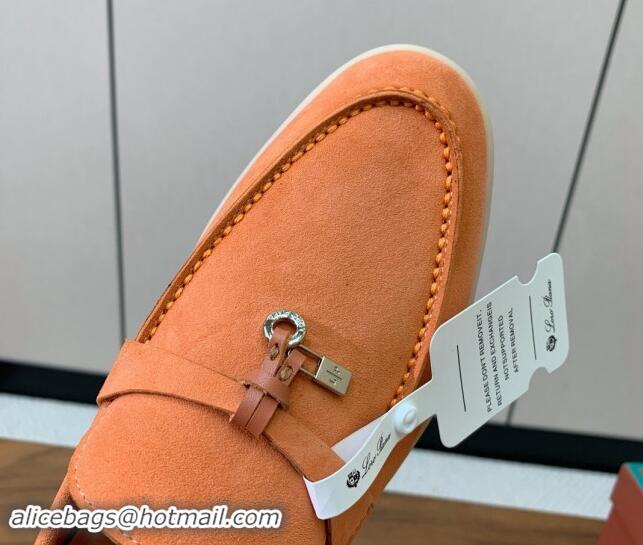 Popular Style Loro Piana Suede Flat Loafers with Charm Light Orange 812109