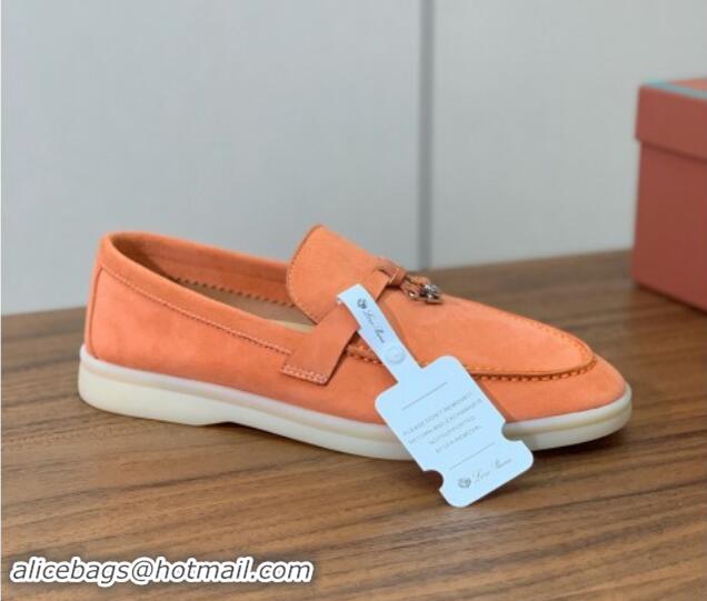 Popular Style Loro Piana Suede Flat Loafers with Charm Light Orange 812109