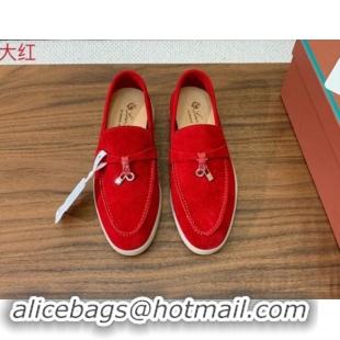 Best Grade Loro Piana Suede Flat Loafers with Charm Bright Red 812110