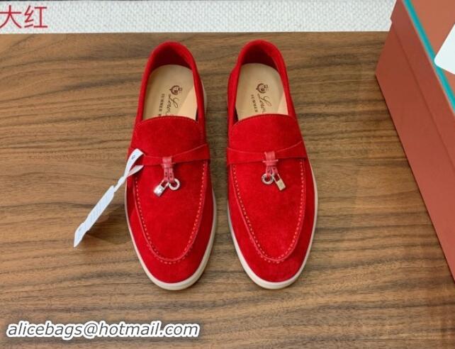 Best Grade Loro Piana Suede Flat Loafers with Charm Bright Red 812110