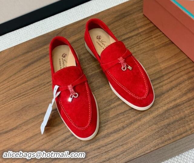 Best Grade Loro Piana Suede Flat Loafers with Charm Bright Red 812110