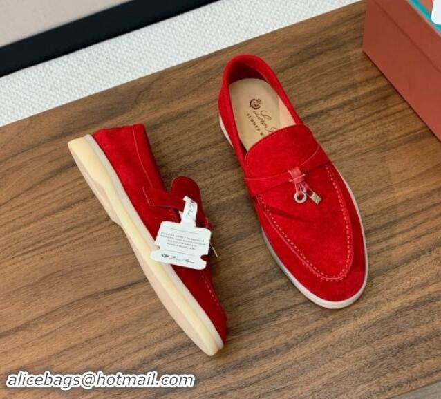 Best Grade Loro Piana Suede Flat Loafers with Charm Bright Red 812110