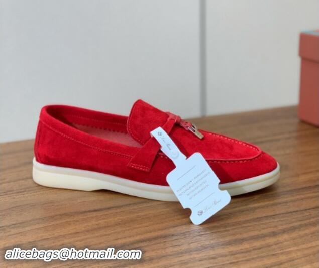 Best Grade Loro Piana Suede Flat Loafers with Charm Bright Red 812110