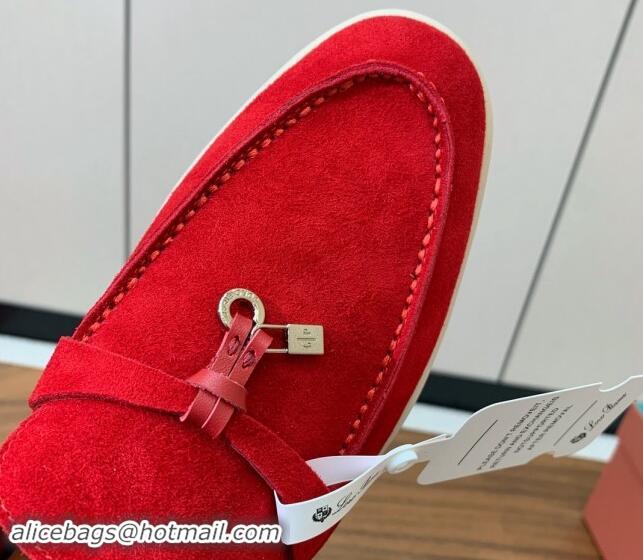 Best Grade Loro Piana Suede Flat Loafers with Charm Bright Red 812110