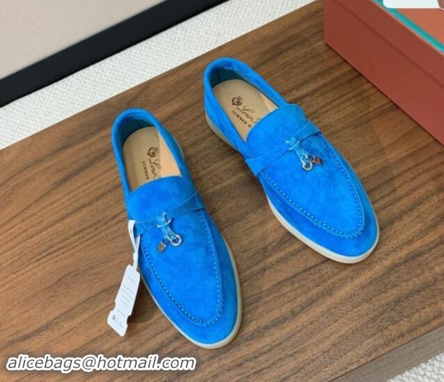 Low Cost Loro Piana Suede Flat Loafers with Charm Peacock Blue 812111