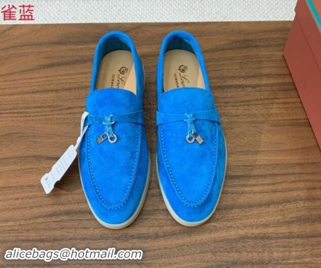 Low Cost Loro Piana Suede Flat Loafers with Charm Peacock Blue 812111