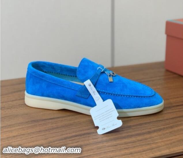 Low Cost Loro Piana Suede Flat Loafers with Charm Peacock Blue 812111