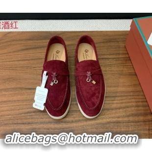 Unique Style Loro Piana Suede Flat Loafers with Charm Dark Burgundy 812112