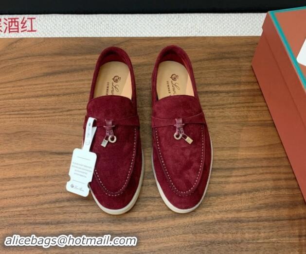 Unique Style Loro Piana Suede Flat Loafers with Charm Dark Burgundy 812112