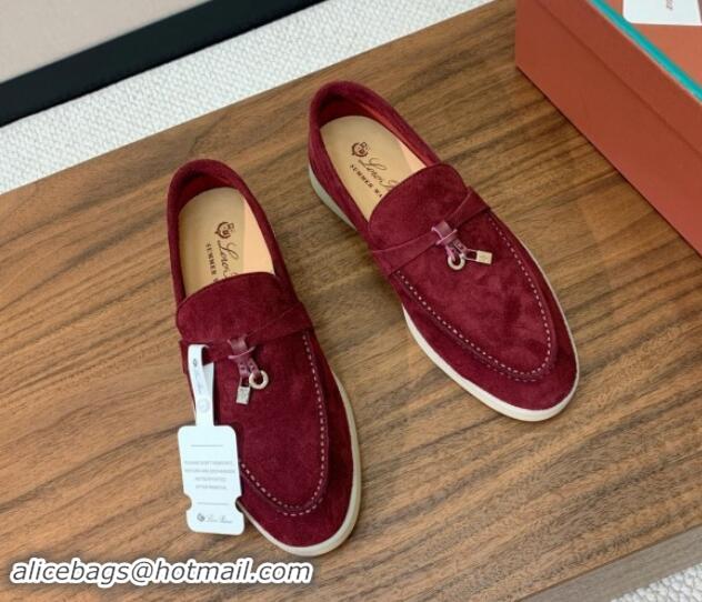 Unique Style Loro Piana Suede Flat Loafers with Charm Dark Burgundy 812112