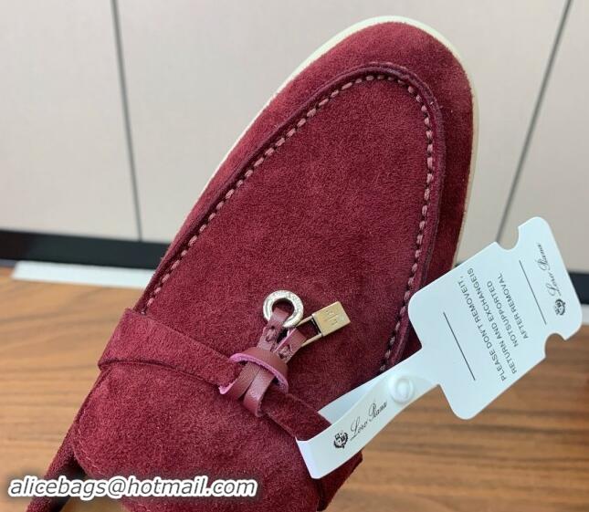 Unique Style Loro Piana Suede Flat Loafers with Charm Dark Burgundy 812112