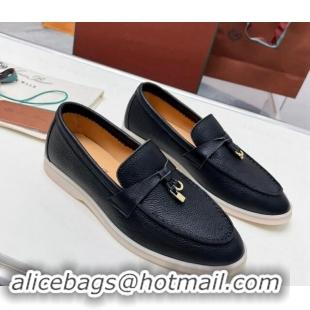 Low Price Loro Piana Grained Leather Loafers Black 904084