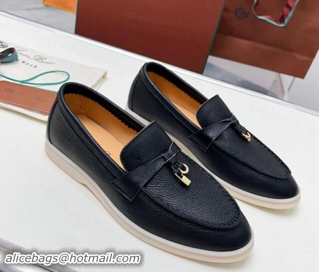 Low Price Loro Piana Grained Leather Loafers Black 904084