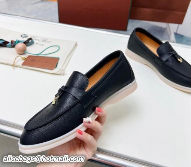 Low Price Loro Piana Grained Leather Loafers Black 904084