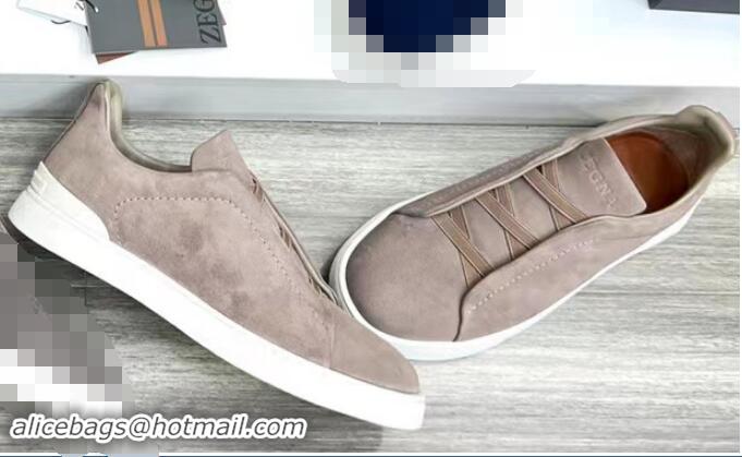 ​Famous Brand Zegna Melange Suede Triple Stitch Sneakers Feature A White Rubber Sole ZE4589