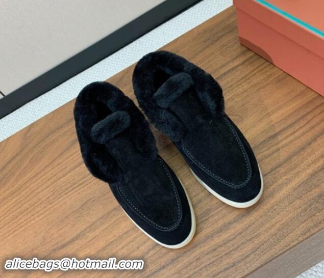 Durable Loro Piana High-top Loafers in Suede and Wool Fur Black 1011058